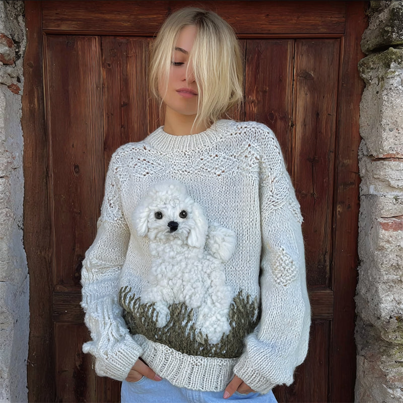 Vintage Fuzzy Dog On Grassland Cozy Knit Sweater artswardrobe