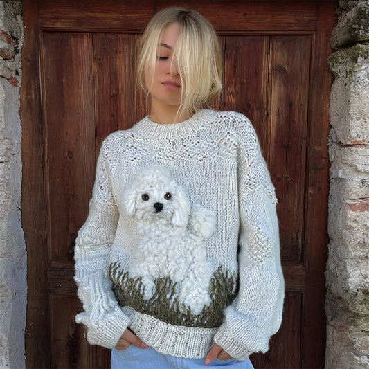 Vintage Fuzzy Dog On Grassland Cozy Knit Sweater artswardrobe