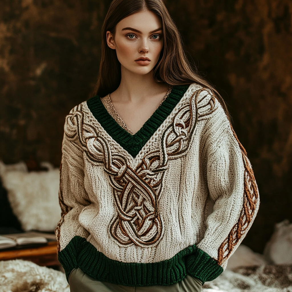 Women's Irish Celtic Knot Jacquard V-neck Sweater artswardrobe