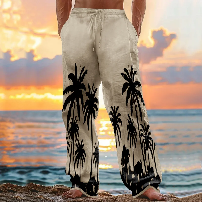 Vintage Hawaii Beach Printed Art Linen Blend Casual Pants artswardrobe