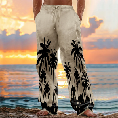 Vintage Hawaii Beach Printed Art Linen Blend Casual Pants artswardrobe
