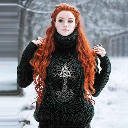 Viking Tribal Celtic Tree Of Life Cable Knit Turtleneck Sweater elevenforest