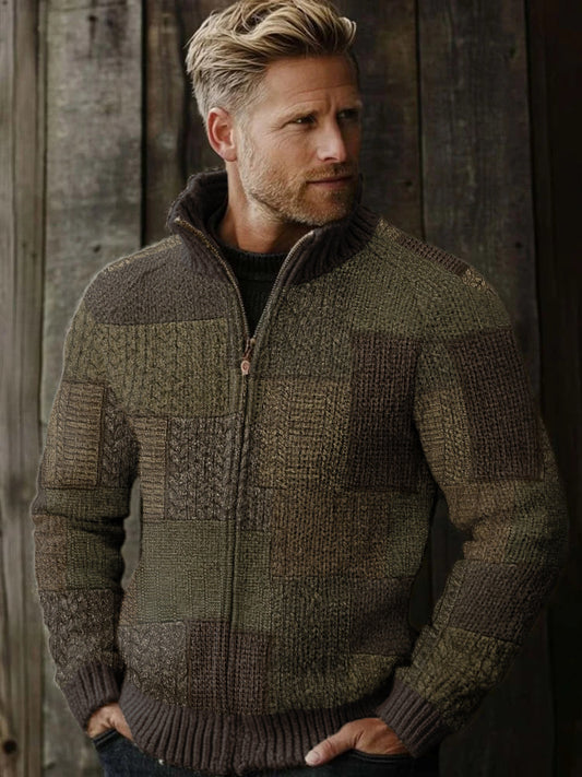 Men's Vintage Fairman Island Patchwork Pattern Zip Sweater artswardrobe