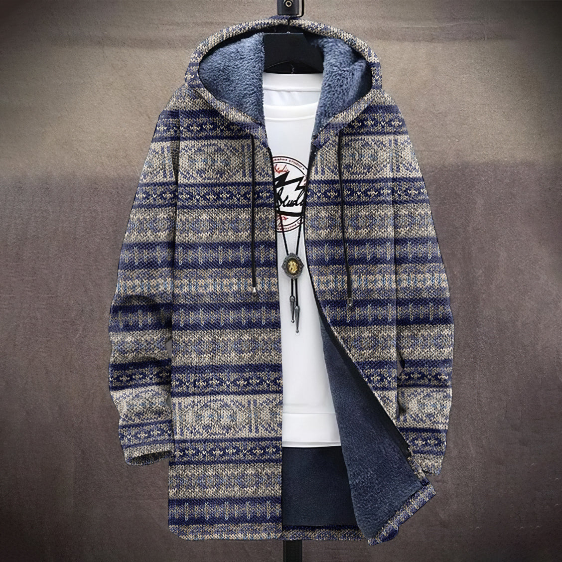 Men's Vintage Tribal Iceland Knitted Art Cozy Plush Hooded Coat elevenforest