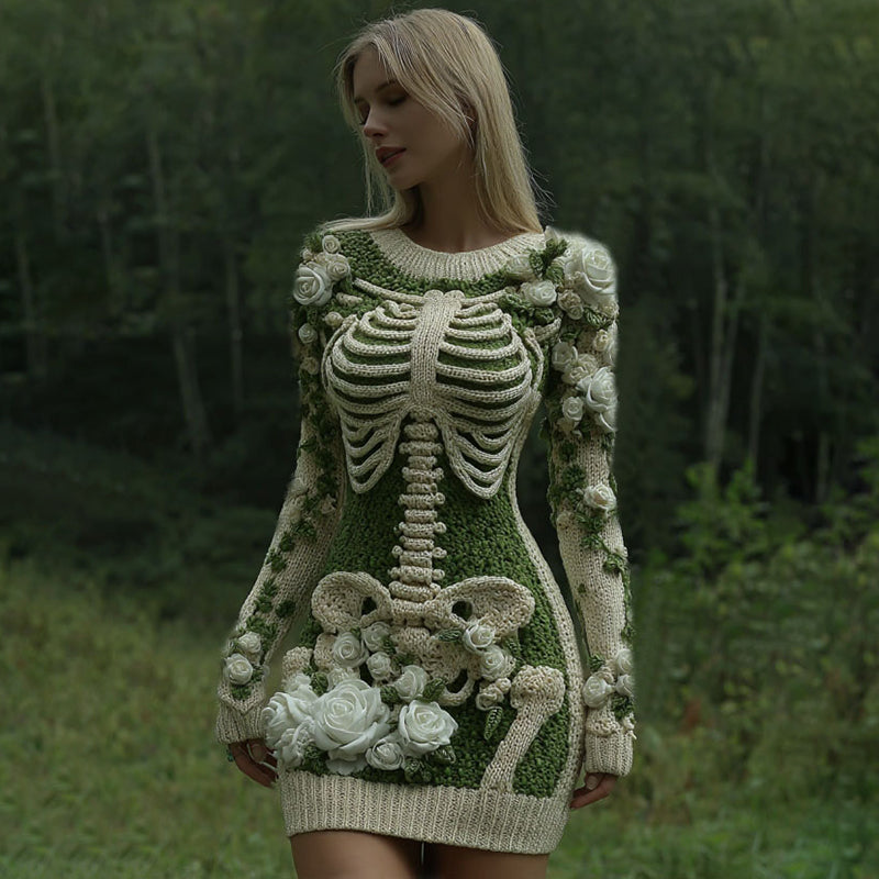 Women's Vintage Skeleton With White Rose Art Cozy Sweater Dress artswardrobe