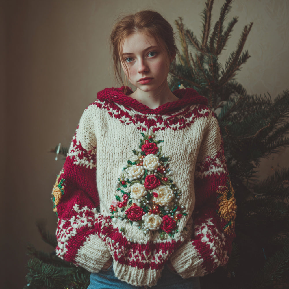 Vintage Christmas Tree Red Warm Hooded Sweater artswardrobe