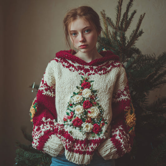 Vintage Christmas Tree Red Warm Hooded Sweater artswardrobe