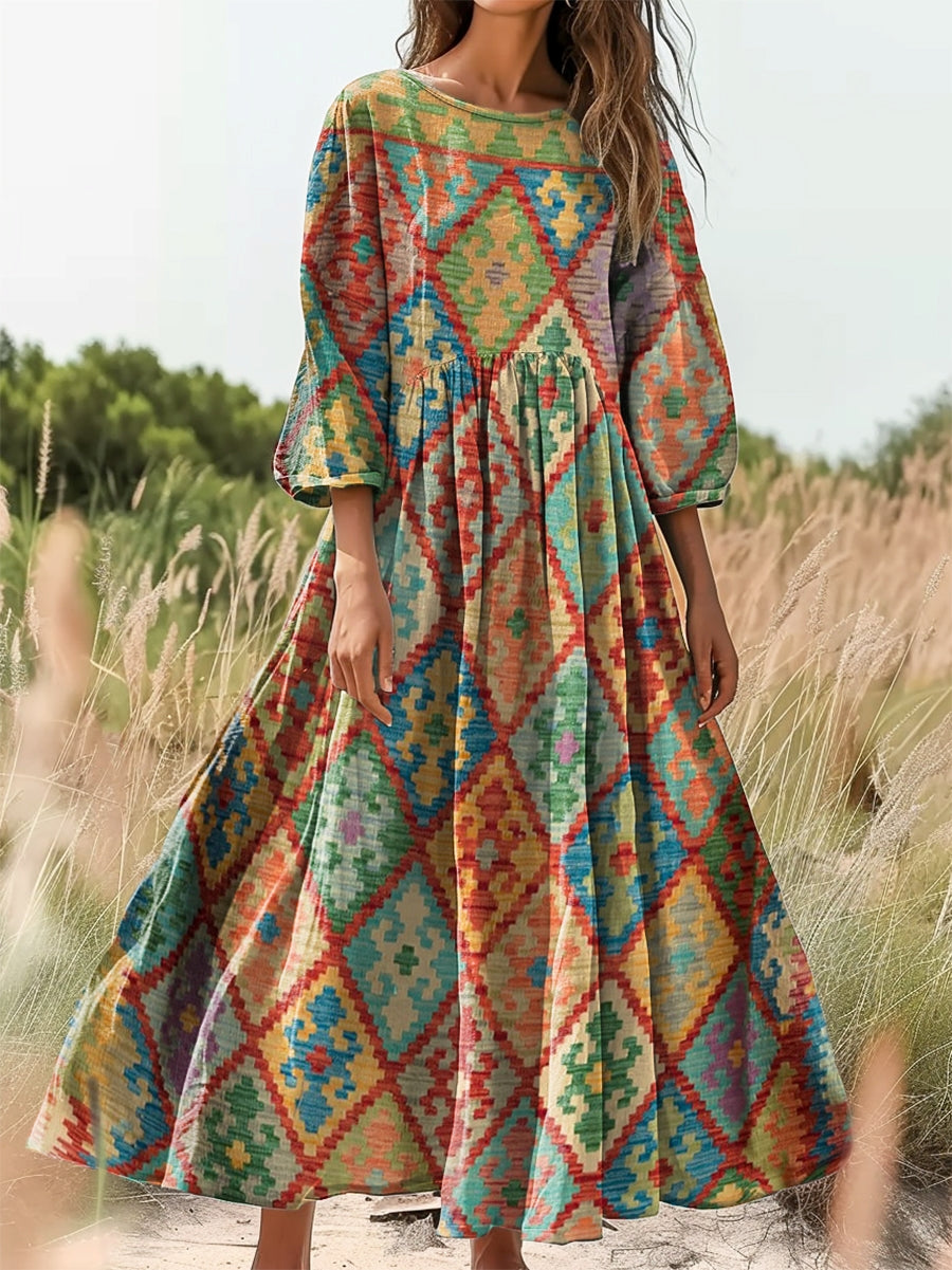 Women's Bohemian Ethnic Geometric Art Print Flowy Cotton Crew Neck Dre