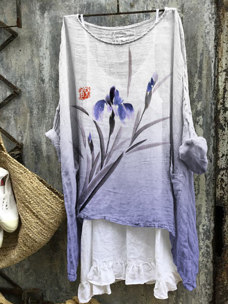 Comstylish Classy Orchid Gradient Japanese Art Linen Blend Tunic