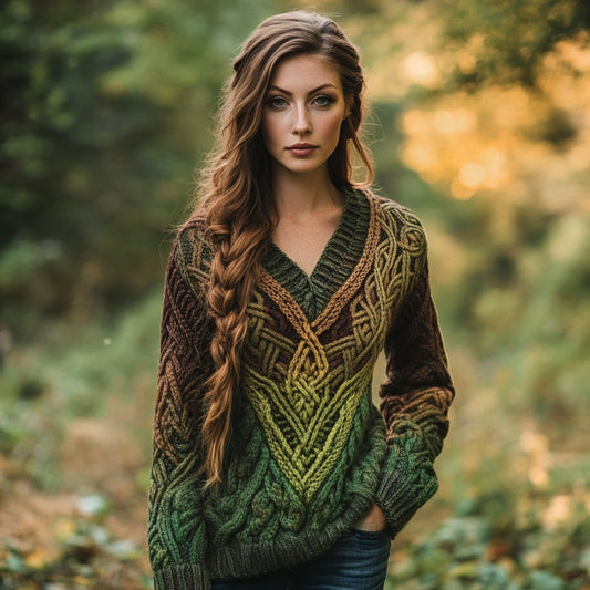 Women's Celtic Knotted V-neck Contrast Aran Sweater artswardrobe