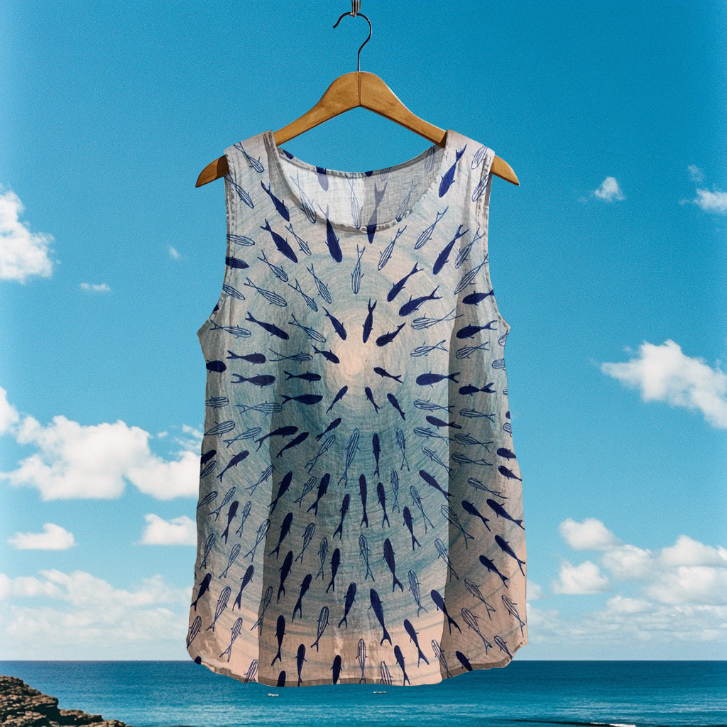 Women's Loose Sea Fish Linen Sleeveless Tank Top artswardrobe