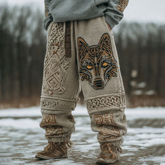 Men's Vintage Viking Wolf Art Cozy Knit Sweatpants artswardrobe