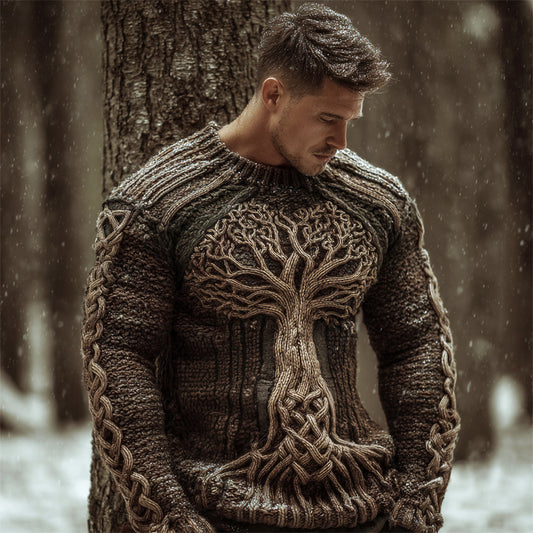 Vintage Nordic Myth Tree Of Life Men's Chunky Knit Crewneck Sweater elevenforest
