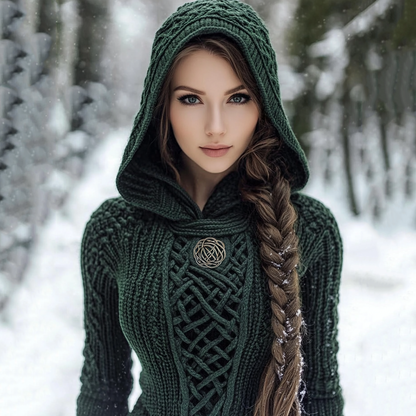 Women's Viking Style Knitted Cozy Hooded Sweater artswardrobe