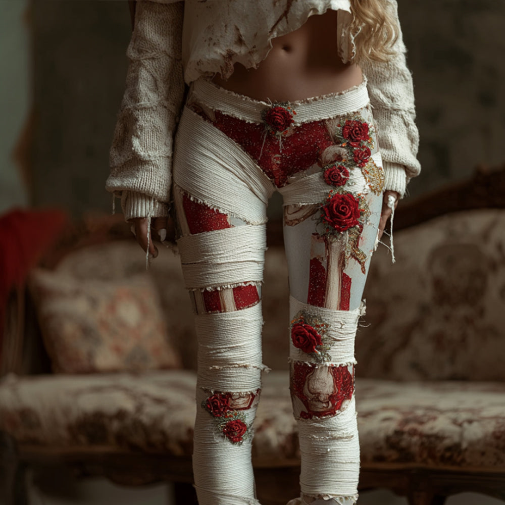 Comstylish Women's Halloween Skeleton Rose Bandage Shattered Pants
