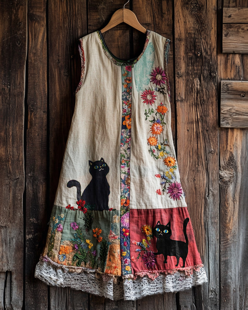 Comstylish Vintage Cute Black Cat And Patchwork Linen Tank Dress