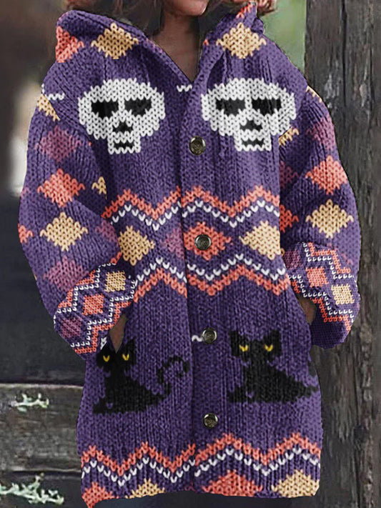 Women's Halloween Spooky Cat Embroidery Knitted Cardigan Sweater elevenforest