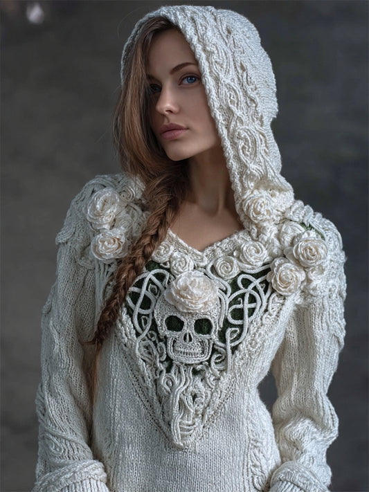 Vintage White Roses Skull Celtic Hooded Cozy Knit Sweater elevenforest