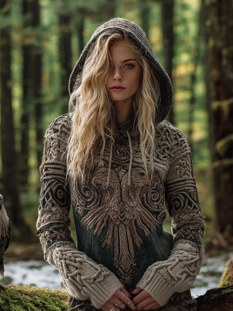 Women's Viking-style Winter Warm Hooded Knitted Sweater artswardrobe