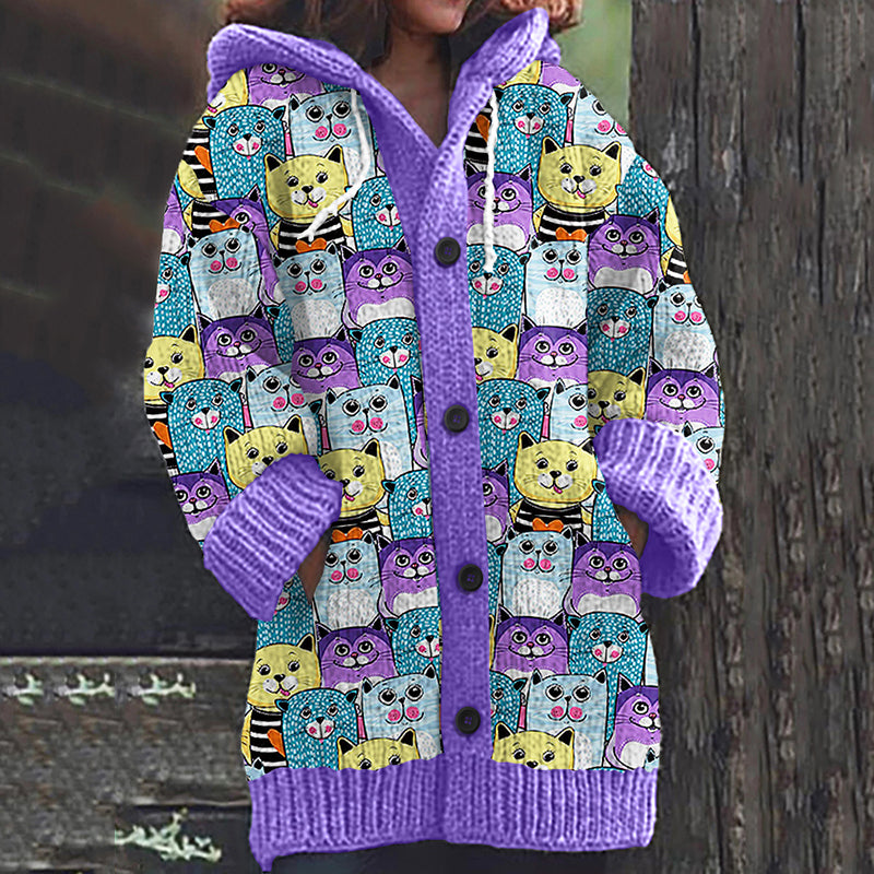 Colorful Cat Print Women's Cardigan Sweater artswardrobe