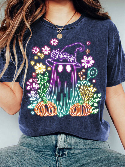 Halloween Pumpkin Ghost Floral Neon Print Short Sleeve T-Shirt artswardrobe