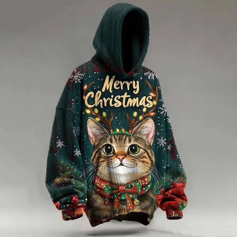 Comstylish Christmas Cat Print Cozy Knit Hooded Sweater