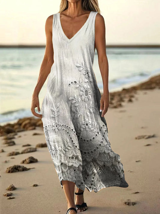 Women's Vintage Floral Textured Art Print Sleeveless V Neck Pocket Cot