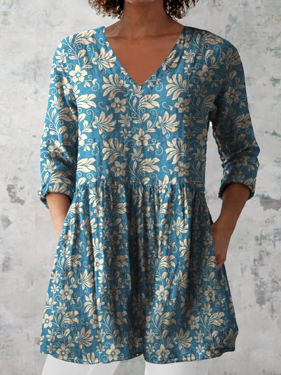 Women's Retro Floral Art Print Casual Cotton And Linen V-neck Top