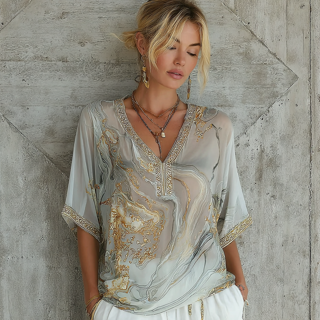 Vintage Marble Texture Collection Bohemia Women Style Gradient Gilded Pattern Linen V Neck T-shirt artswardrobe