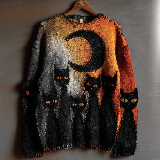 Halloween Night Black Cats Gradient Cozy Knit Sweater elevenforest