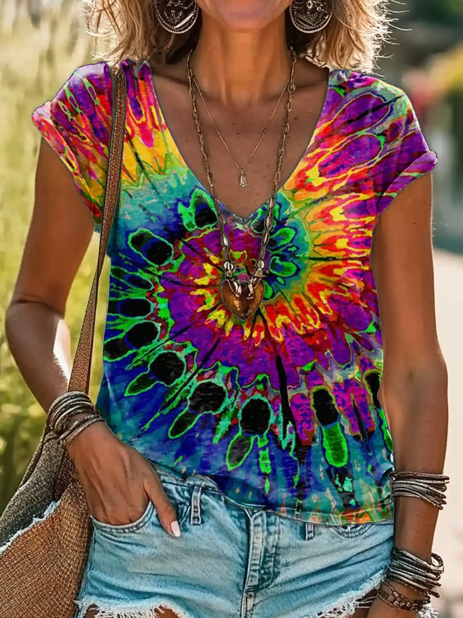 Women's Tie-dye Kaleidoscope Art Print Cotton V-neck T-shirt