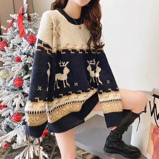 Monica® | Women's striped Christmas deer knit sweater with loose fit and warm knit sweater