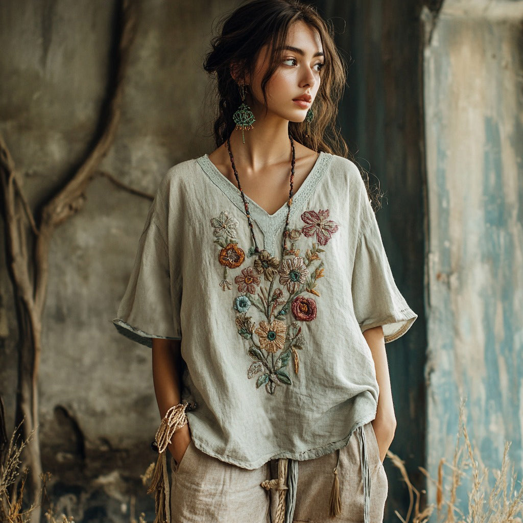 Women's Floral Embroidery V Neck Casual Linen Top artswardrobe