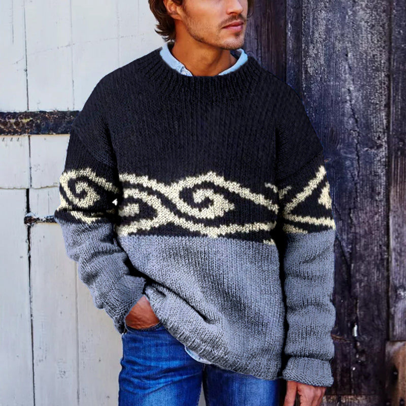 Vintage Color Block Surf Jacquard Crew Neck Sweater elevenforest