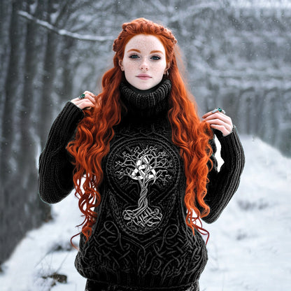 Viking Tribal Celtic Tree Of Life Cable Knit Turtleneck Sweater artswardrobe