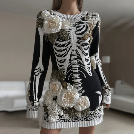 Women's Halloween Skeleton Bones With Rose Art Cozy Knit Sweater Dress artswardrobe