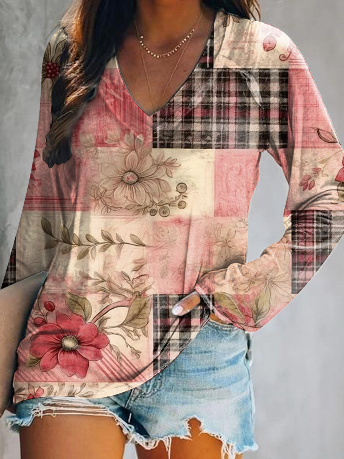 Women's Casual Vintage Floral Patchwork Art Print V Neck Long Sleeve T