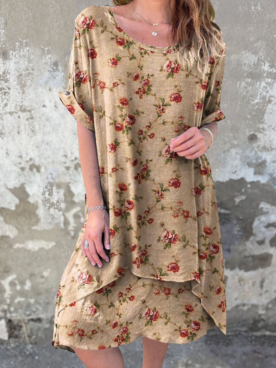 Women's Summer Vintage Floral Art Casual Round Neck Cotton Dress