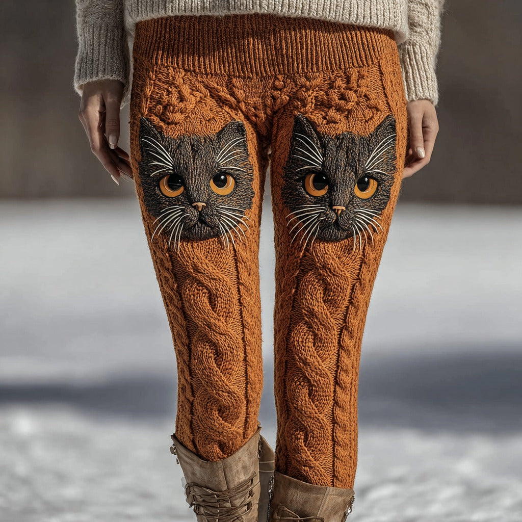 Cute Black Cat Face Embroidered Comfortable Knitted Women's Leggings elevenforest