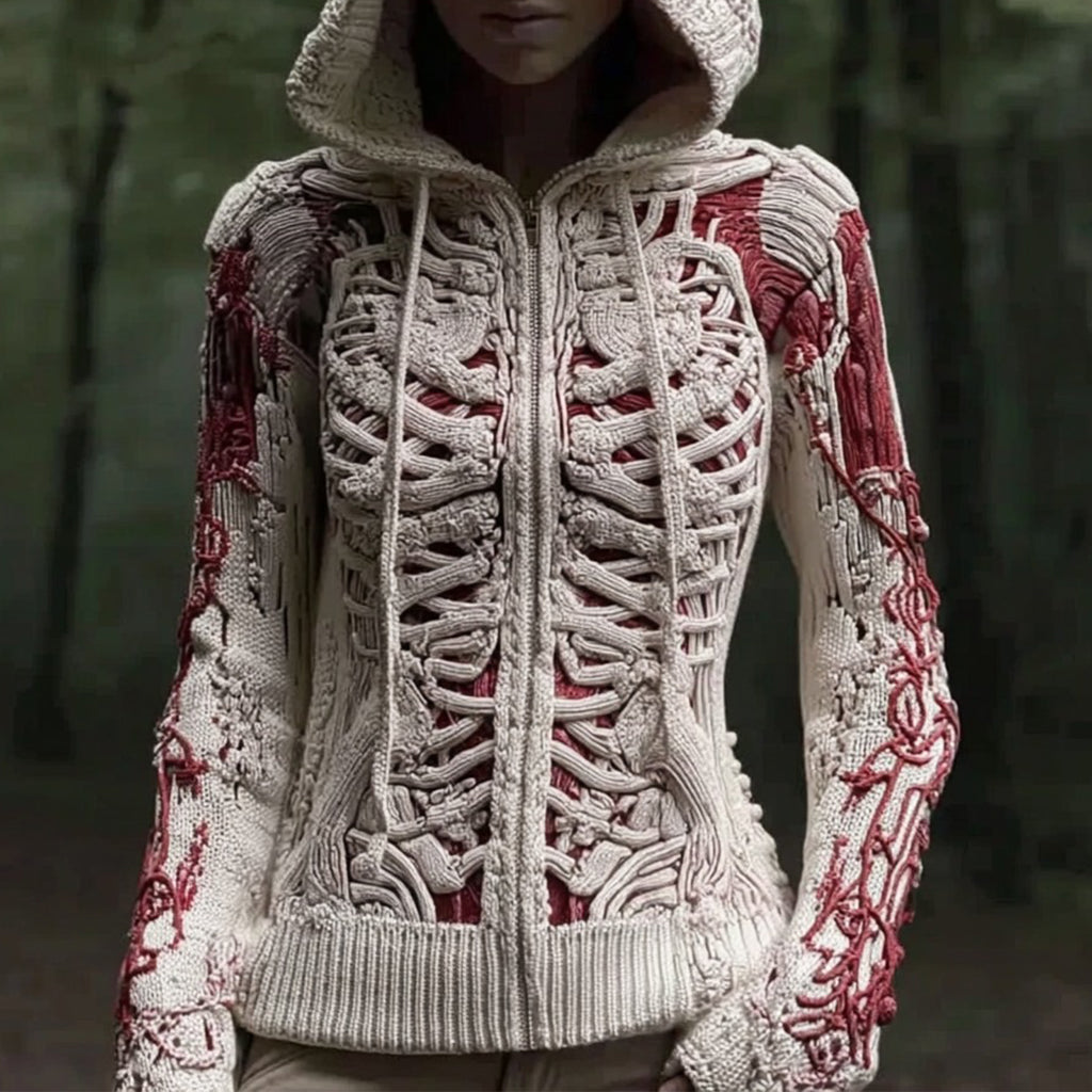 Women's Vintage Halloween Skull And Muscle Art Knitted Warm Zip-up Sweater artswardrobe