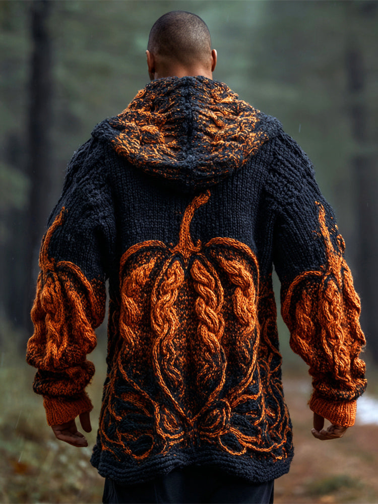 Halloween Pumpkin Knit Art Men's Hooded Sweater Cardigan elevenforest