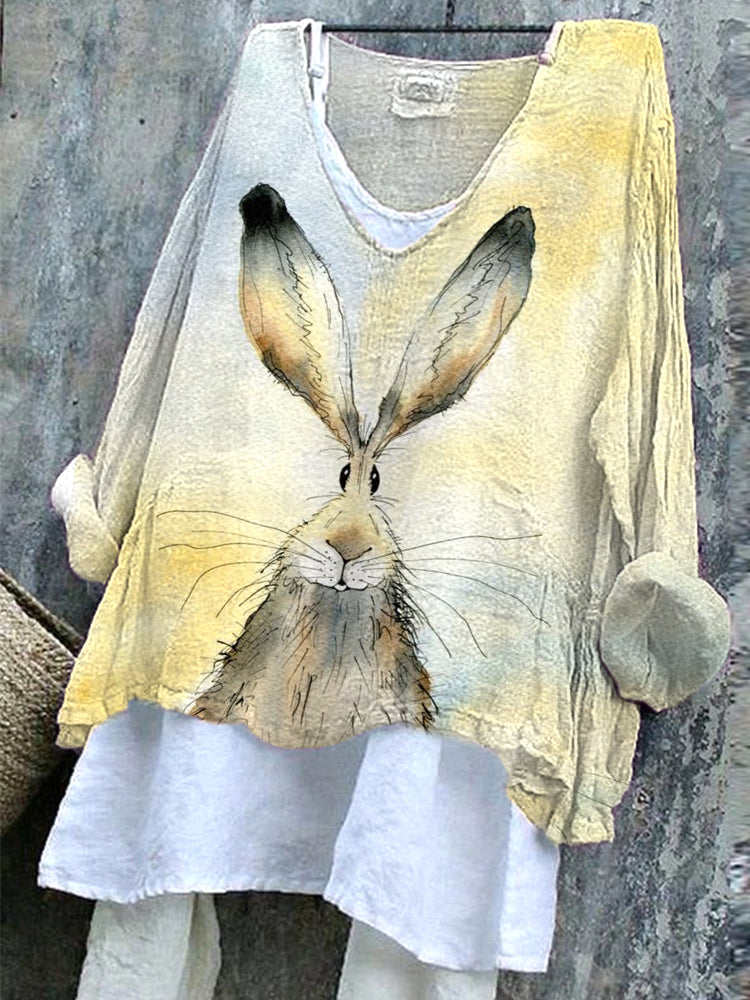Cute Bunny Watercolor Painting Print Linen Blend Shirt artswardrobe