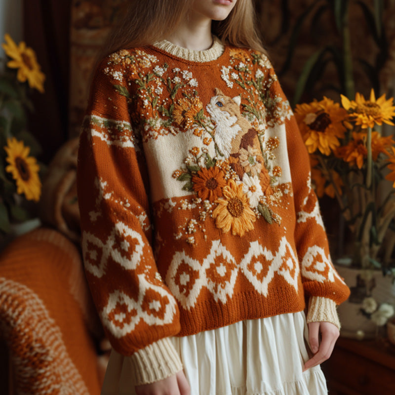 Women's Vintage Halloween Sunflower And Cat Embroidered Sweater artswardrobe