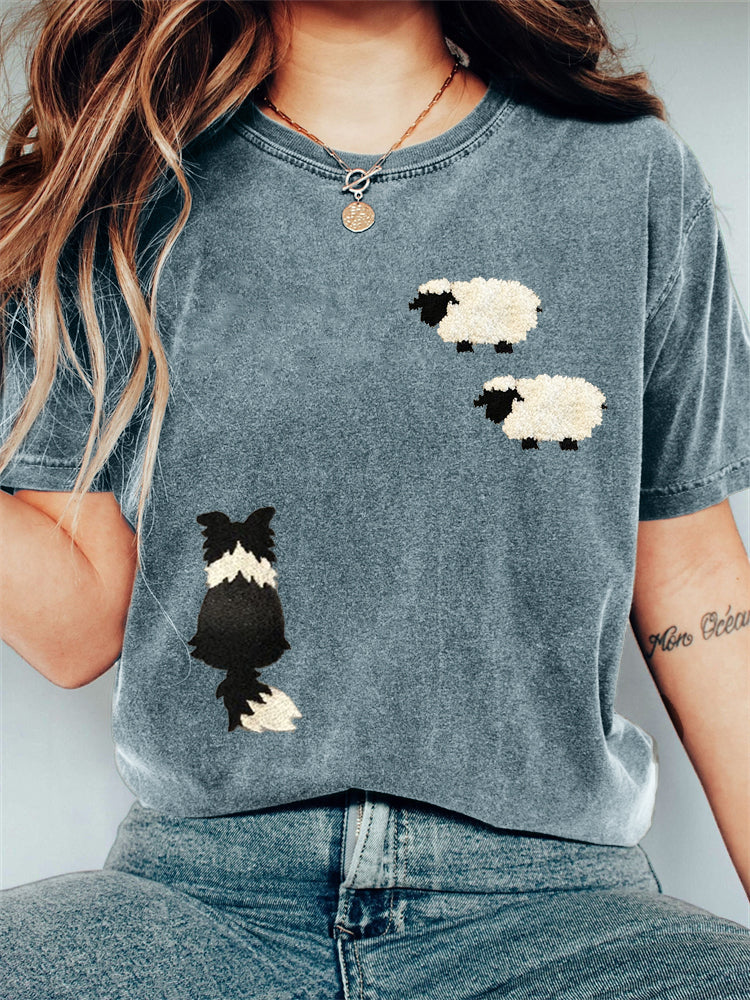 Comstylish Border Collie & Sheep Embroidered Vintage T Shirt