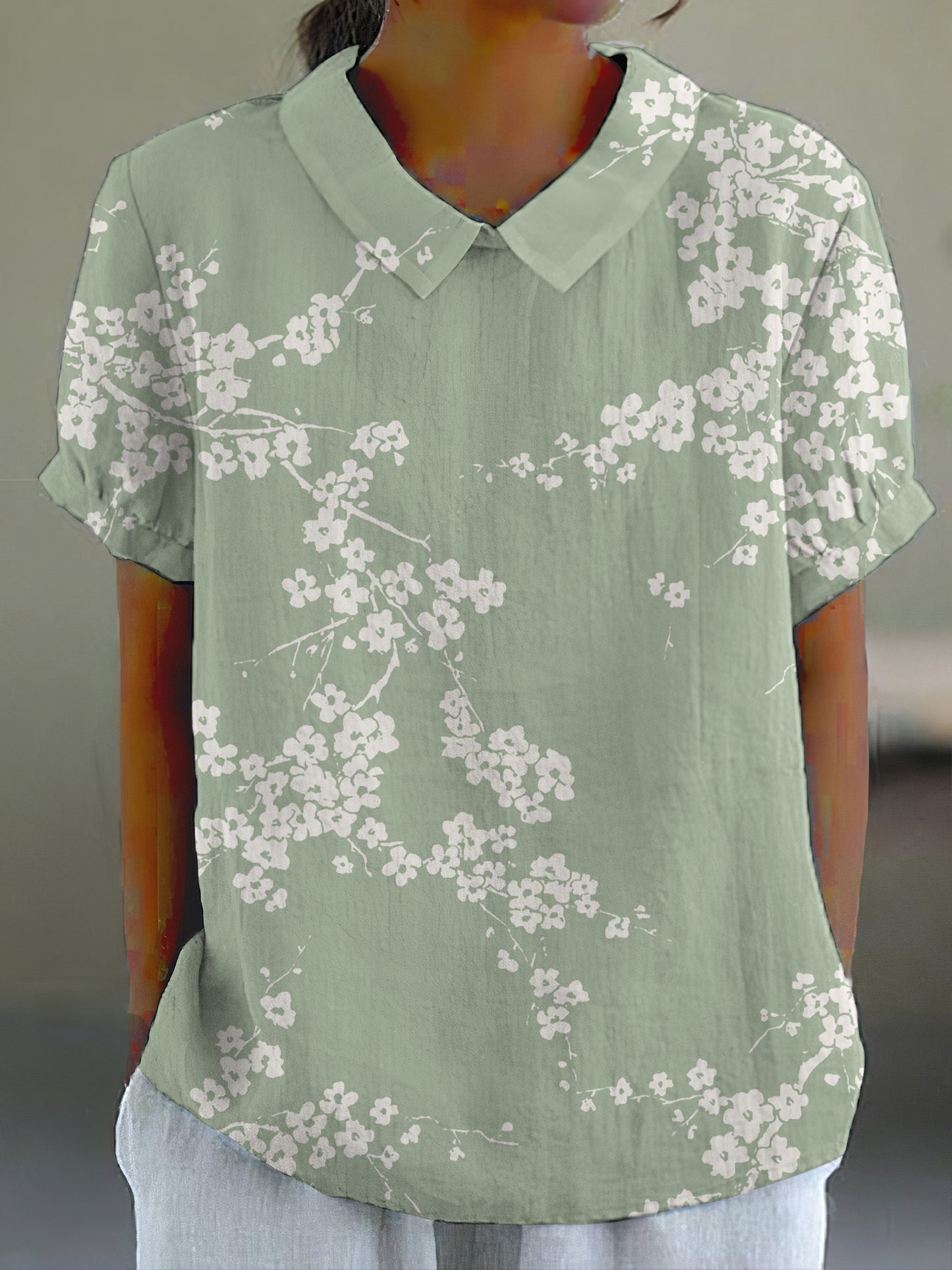 Comstylish Cherry Blossom Japanese Print Casual Cotton Linen Shirt