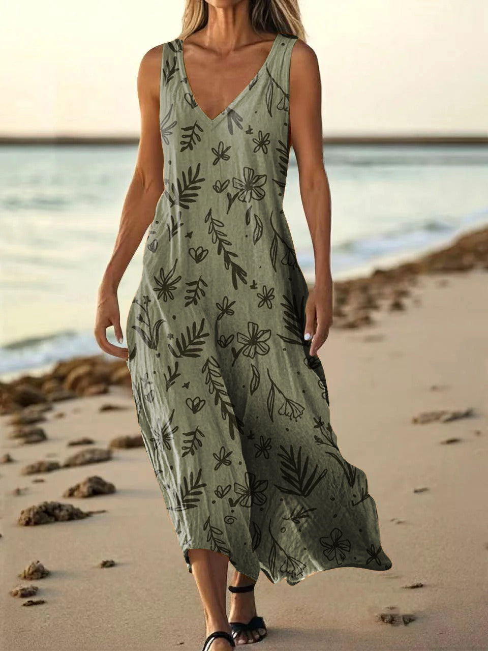 Women's Vintage Botanical Art Print Pocket V Neck Cotton Dress