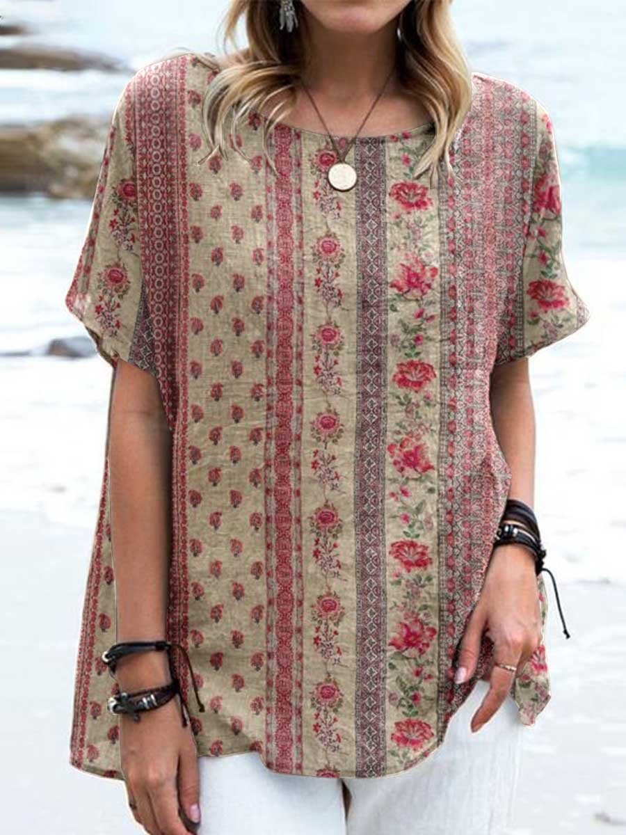 Women's Elegant Floral Cotton and Linen Crew Neck Top