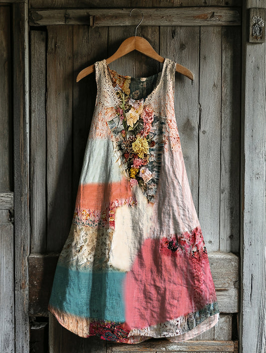 Women's Vintage Tribal Floral Patch Cotton And Linen Dress artswardrobe