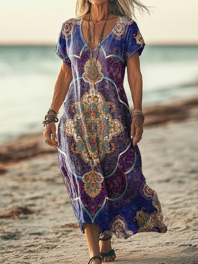 Women's Vintage Ethnic Floral Art Print Pocket Cotton Dress