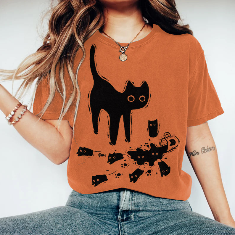 Women's Abstract Creative Cute Black Cat Art Print T-shirt elevenforest
